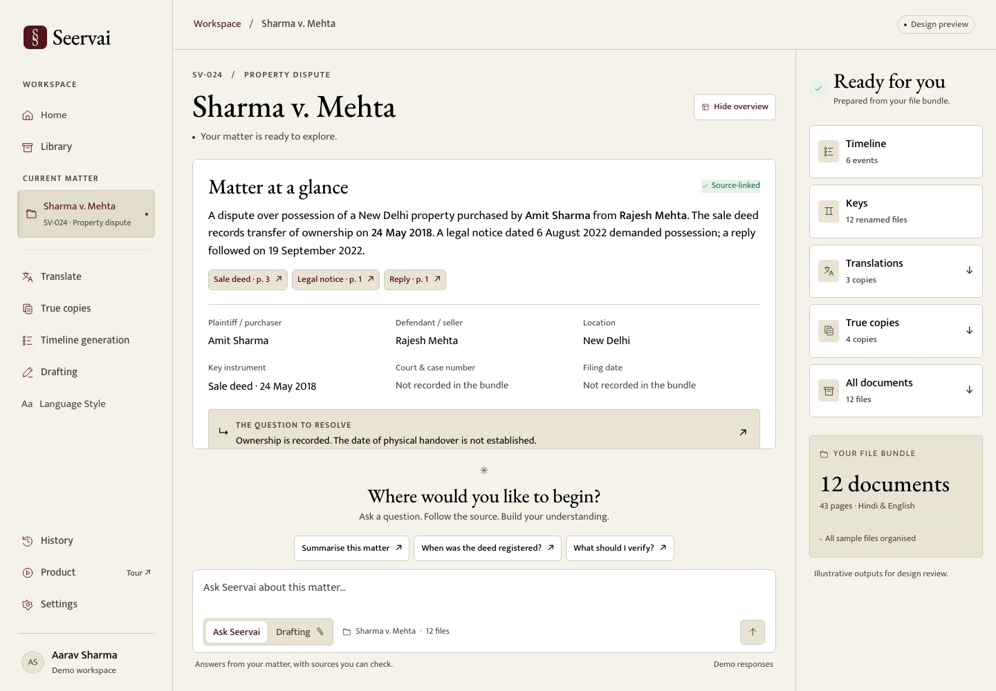 Seervai matter workspace showing the Sharma v. Mehta overview, source references, and ready-to-use documents and timeline.