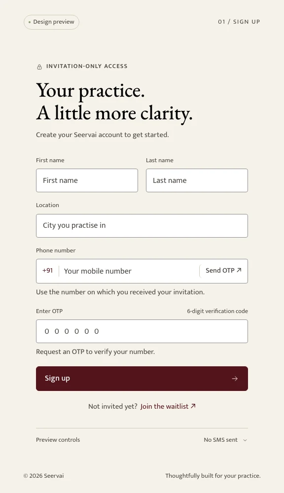 Seervai signup design preview.