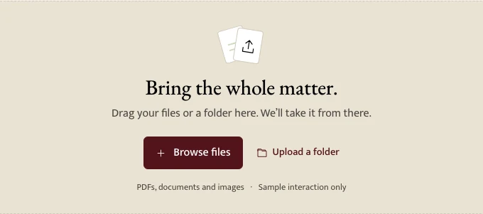 Seervai’s upload area, with Browse files and Upload a folder controls.